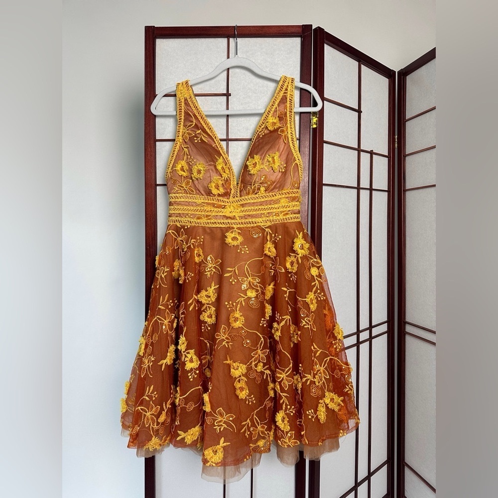 Couture custom made dress, orange and yellow with flowers and crinoline